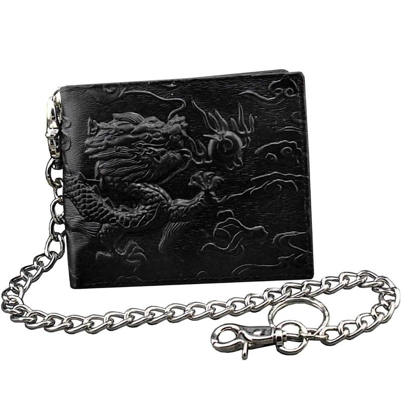 Balck Men Real Leather Vintage Dragon Wallet with Chain Card Holder Purse