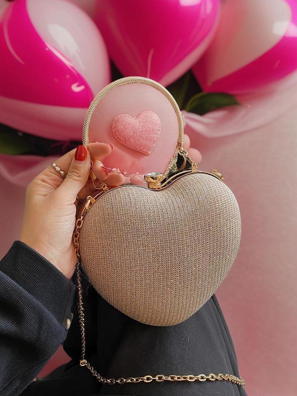 Women's Rhinestone Decor Heart Shape Evening Handbag, Elegant Novelty Bag With Chain, Glitter Crossbody Bag For Evening Party Vacation