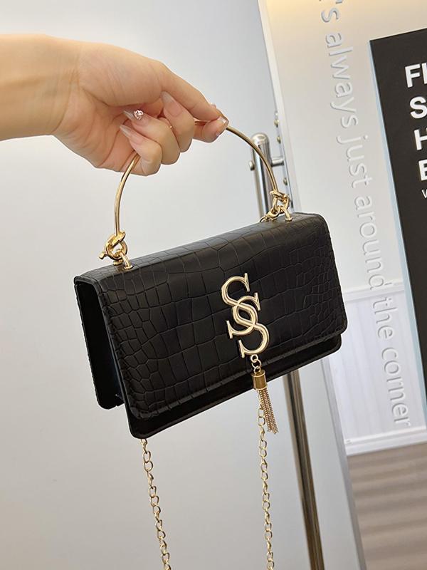 Fashionable Letter & Tassel Design Handbag, Elegant PU Leather Embossed Crossbody Bag for Women & Girls, Casual Trendy Versatile Commuting Bag for Daily Use