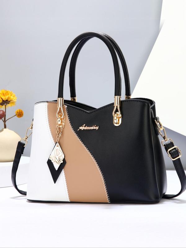 Fashion Colorblock Handbag with Charm, 2024 New Style Casual Versatile Shoulder Bag for Women, Trendy All-match Commuter Bag for Daily Travel Work Commute