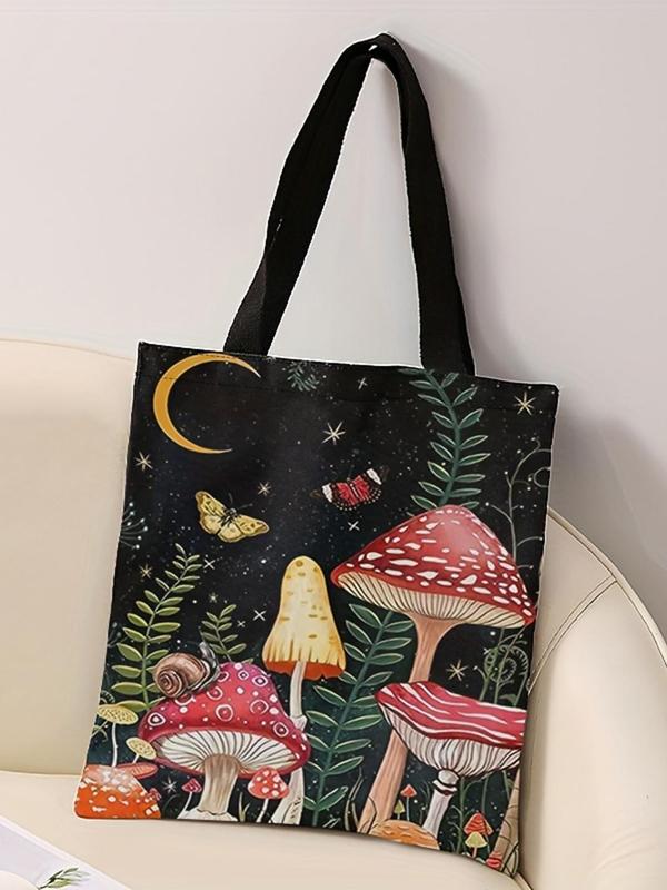 Butterfly & Mushroom Pattern Tote Bag, Casual Trendy Storage Bag, Versatile Shopping Bag for Daily Use for Women & Men