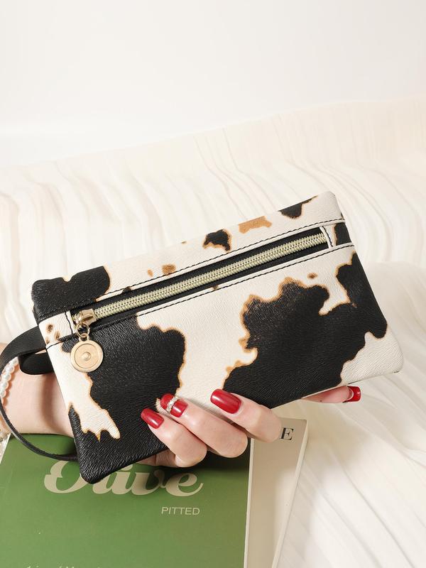 Women's Fashion Colorblock Cow Pattern Zipper Wristlet Bag, Casual Coin Purse, Phone Storage Bag