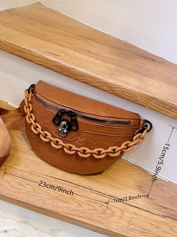 Women's Fashionable Casual Chain Decor Fanny Pack, Skull Embossed Chest Bag, Punk Gothic Bum Bag for Daily Used, All-match Sling Bag for Girlfriend