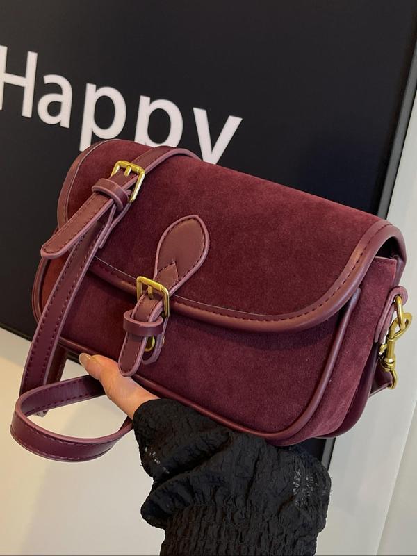 Women's Solid Color Suede Crossbody Bag, Fashionable Vintage Style Saddle Bag for Daily Used, Casual Trendy Versatile High-quality Daily Commuting Bag