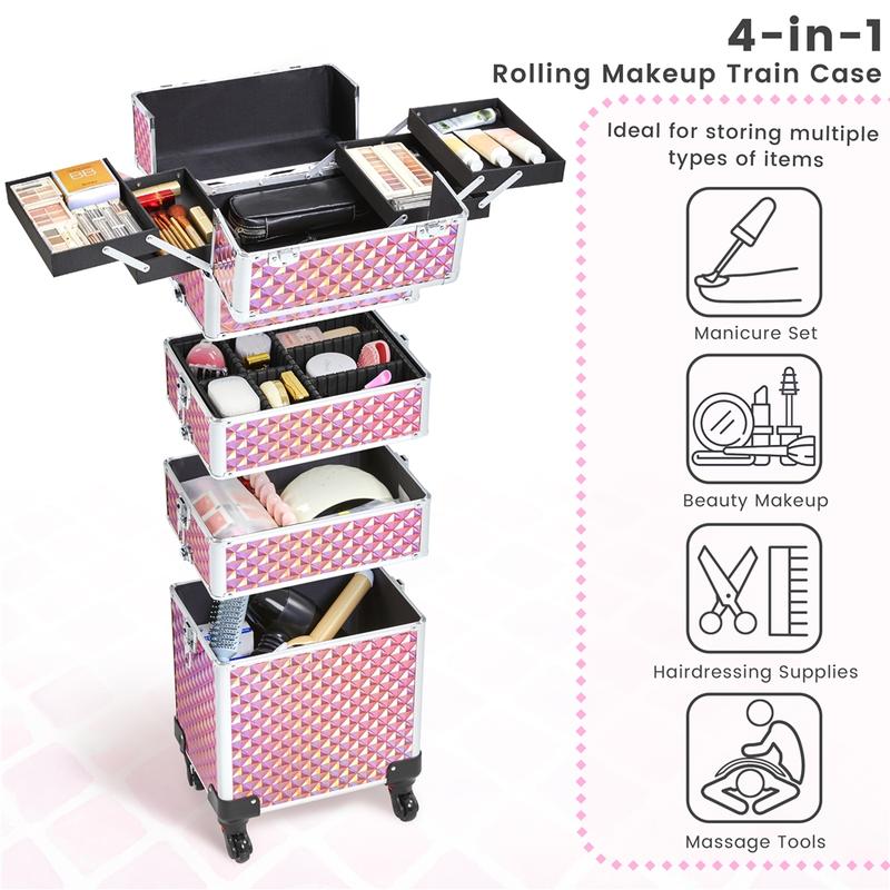 [Christmas Gift] Yaheetech 4-in-1 Professional Rolling Makeup Train Case Extra-large 4-Tiered Aluminum Cosmetic Trolley Storage on Wheels Cosmetic Organizer Traveling Cart