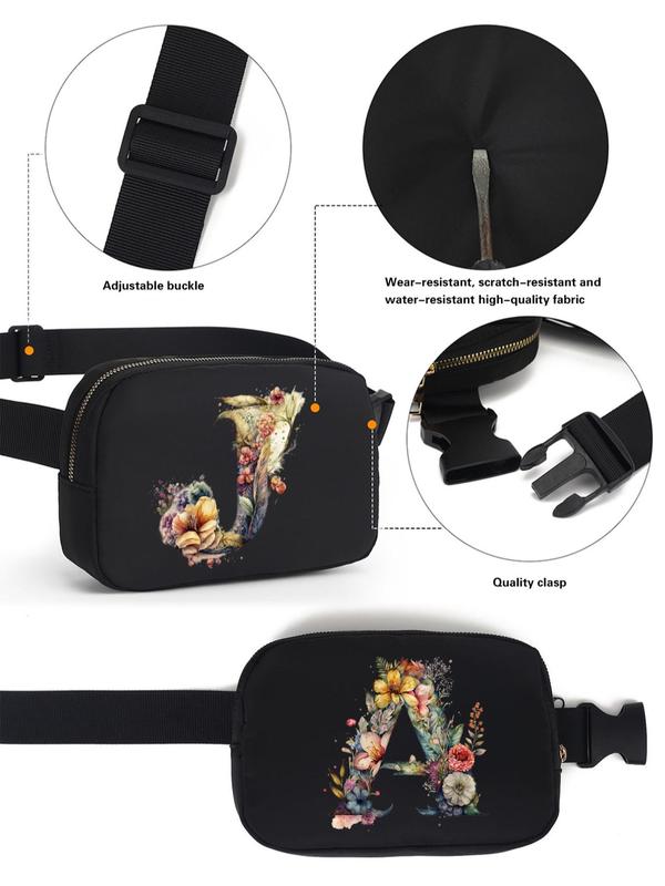 Fashion Letter & Floral Pattern Fanny Pack, Casual Versatile Zipper Chest Bag for Women & Men, Outdoor Sports Running Waist Bag