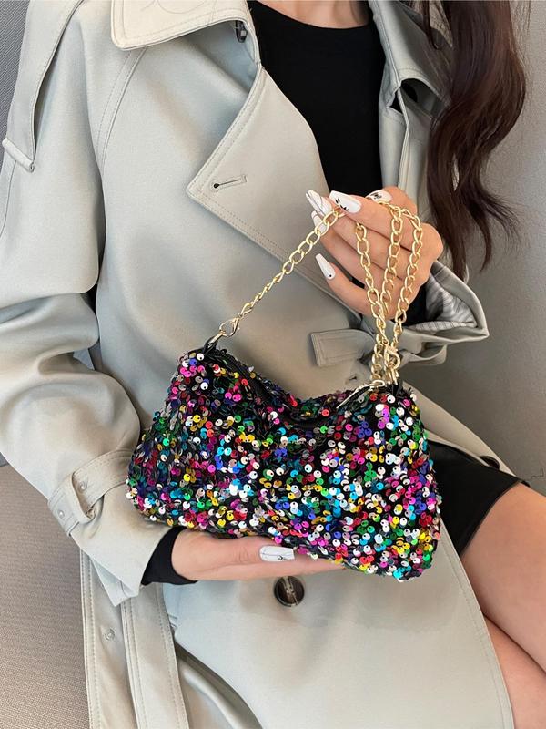 Fashionable Sequin Decorated Shoulder Bag, Casual Versatile Zipper Shoulder Bag for Women, Trendy All-match Bag for Daily Life