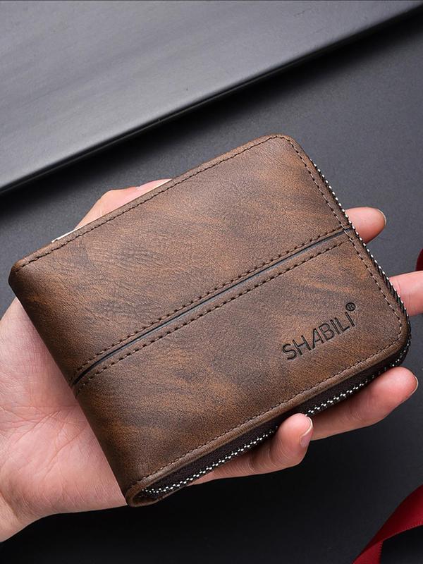 Men's Business Fashion Bifold Wallet with Card Slots, Retro Pu Leather Textured Short Wallet & Card Holder, Casual Trendy Zipper Wallet for Work & Daily Use