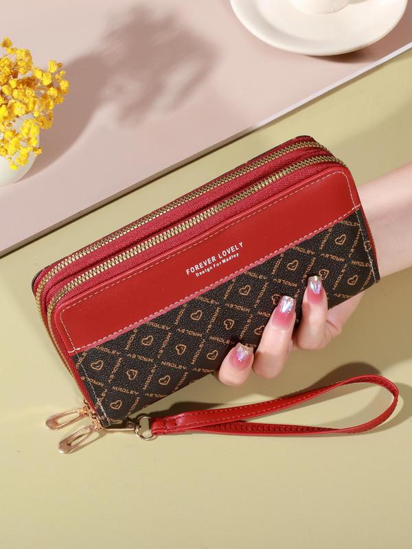 Women's Elegant Heart & Letter Pattern Long Wallet, Large Capacity Zipper Wristlet Purse, Fashionable Card Holder for Daily Use for Women & Girls