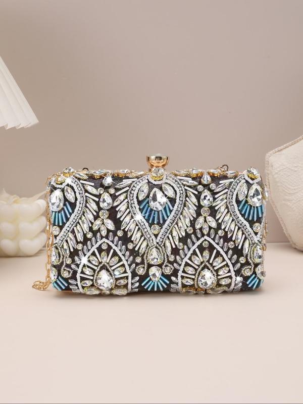 Women's Elegant Glamorous Rhinestone Decorated Evening Bag, Shining Luxurious Evening Bag, Exquisite Beaded Design Clutch Bag, Fashionable Bag for Party & Prom & Wedding