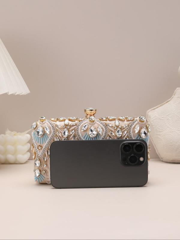 Women's Elegant Glamorous Rhinestone Decorated Evening Bag, Shining Luxurious Evening Bag, Exquisite Beaded Design Clutch Bag, Fashionable Bag for Party & Prom & Wedding