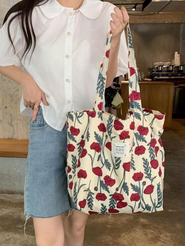 Women's Fashion Full Floral Pattern Print Handbag, Sweet Versatile Oxford Cloth Tote Bag for Girls, Lightweight Large Capacity Shoulder Bag for Daily Use