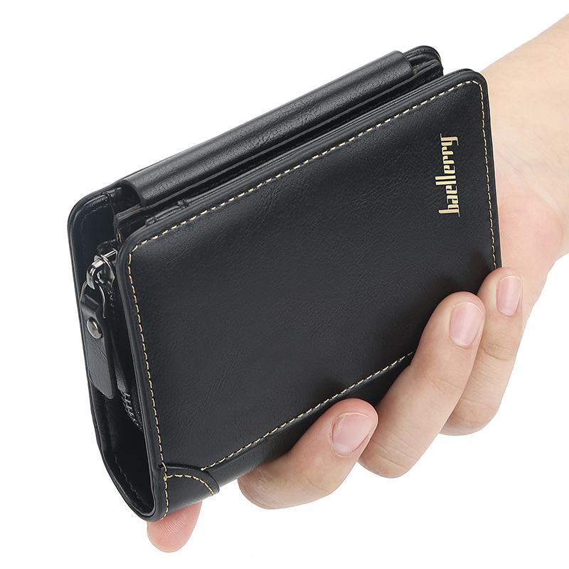 Simple Stylish Men's Vertical Wallet with Zipper and Buckle, Short Money Clip, Card Holder, Multi-Function PU Leather