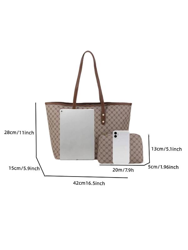 Women's Geometric Pattern Tote Bag with Makeup Bag, Fashionable PU Leather Shoulder Bag with Mini Bag, Casual Versatile Large Capacity Commuting Bag Set for Women