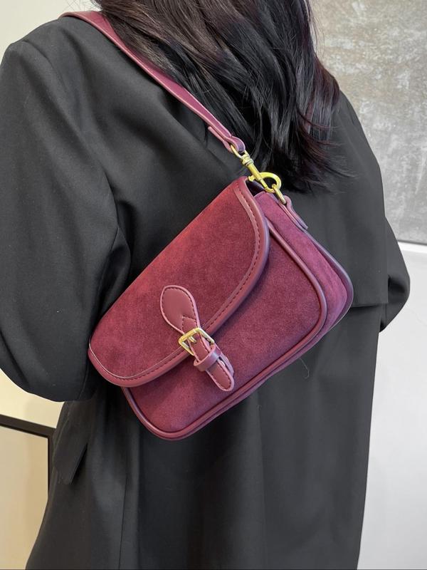 Women's Solid Color Suede Crossbody Bag, Fashionable Vintage Style Saddle Bag for Daily Used, Casual Trendy Versatile High-quality Daily Commuting Bag