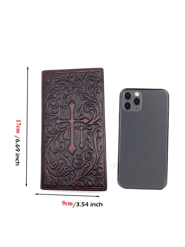 Easter Vintage Cross Pattern Summer Long Wallet for Men, Punk Western Cowboy Embossed Leather Zipper Designer Purses Summer 2024, Bifold Wallet with Card Slots for Spring Daily Use