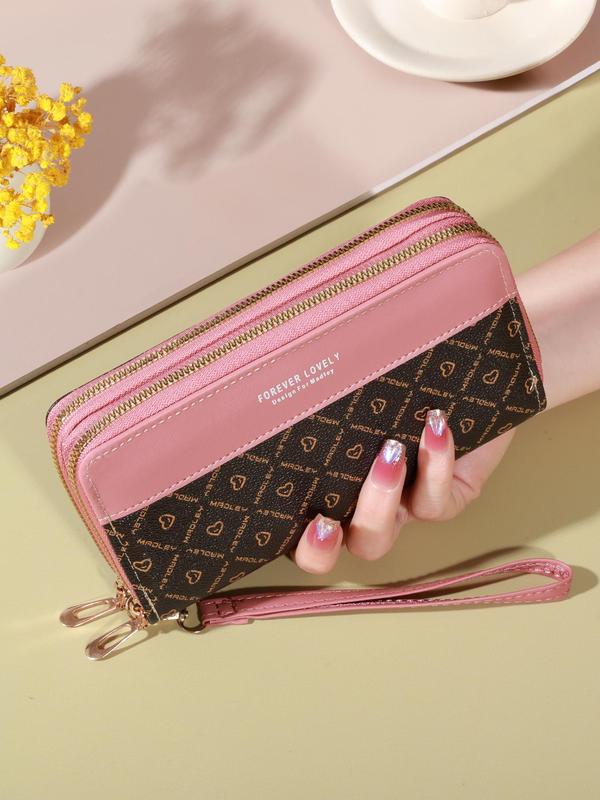 Women's Elegant Heart & Letter Pattern Long Wallet, Large Capacity Zipper Wristlet Purse, Fashionable Card Holder for Daily Use for Women & Girls