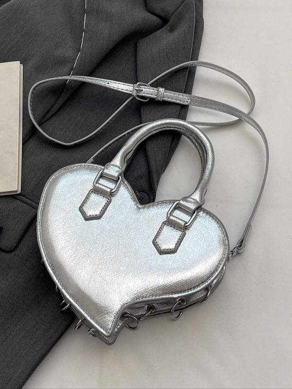 Women's Punk Style Heart Shaped Novelty Handbag, Fashionable Chain Strap Crossbody Bag for Daily Used, Casual Trendy Versatile High-quality Daily Commuting Bag