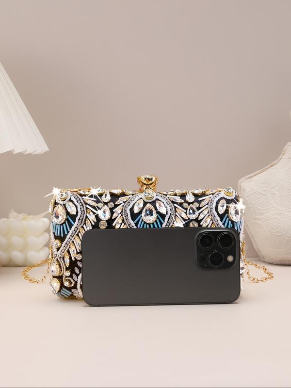 Women's Elegant Glamorous Rhinestone Decorated Evening Bag, Shining Luxurious Evening Bag, Exquisite Beaded Design Clutch Bag, Fashionable Bag for Party & Prom & Wedding