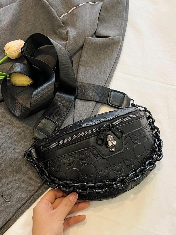 Women's Fashionable Casual Chain Decor Fanny Pack, Skull Embossed Chest Bag, Punk Gothic Bum Bag for Daily Used, All-match Sling Bag for Girlfriend