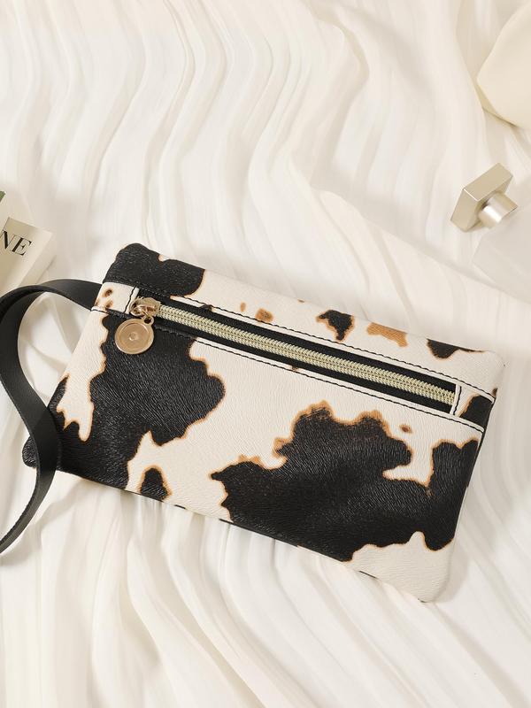 Women's Fashion Colorblock Cow Pattern Zipper Wristlet Bag, Casual Coin Purse, Phone Storage Bag