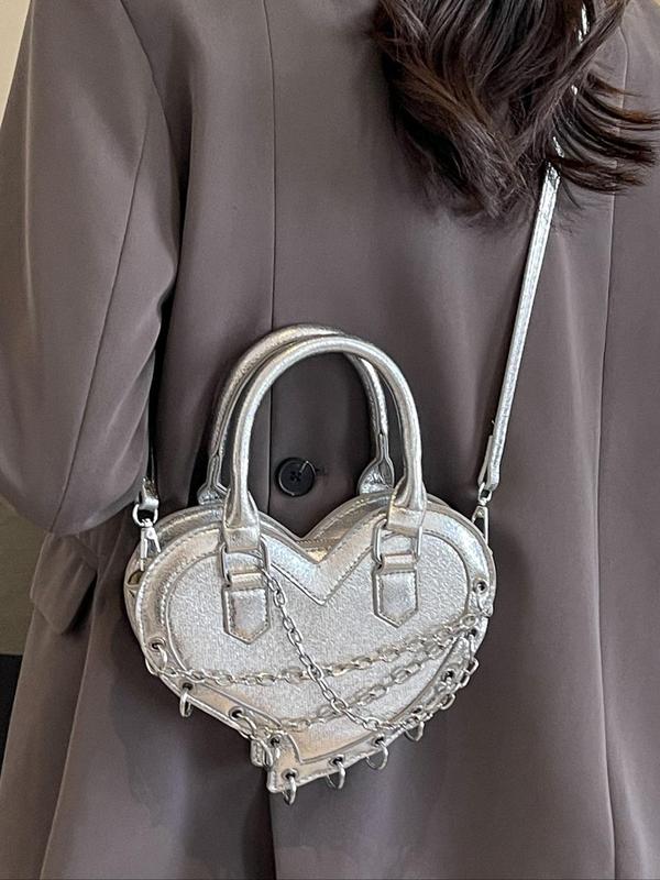 Women's Punk Style Heart Shaped Novelty Handbag, Fashionable Chain Strap Crossbody Bag for Daily Used, Casual Trendy Versatile High-quality Daily Commuting Bag