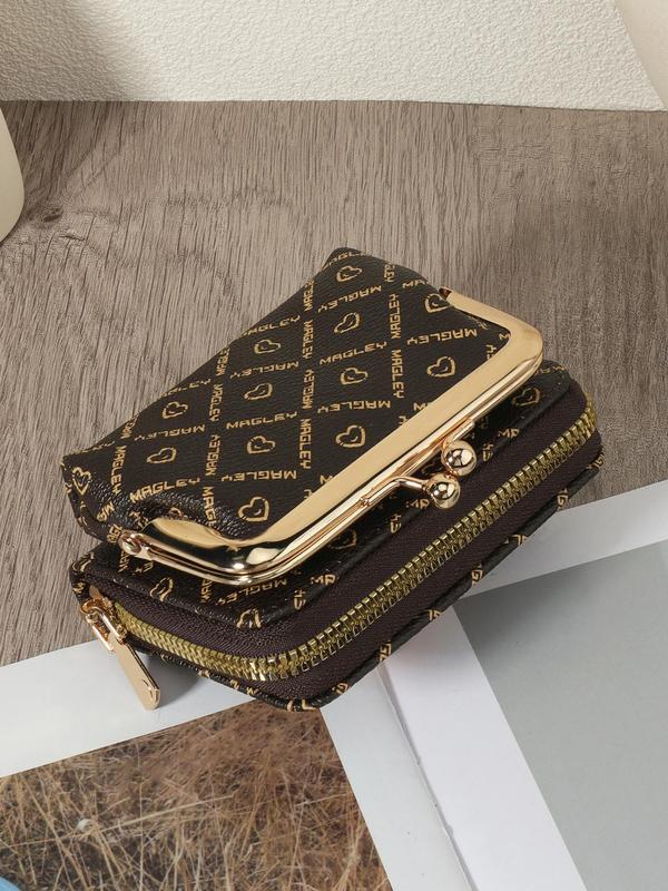 Women's Fashion All over Pattern Zipper Short Wallet, Casual PU Leather Kiss Buckle Design Coin Purse, Casual Trendy Versatile High-quality Wallet for Daily Use