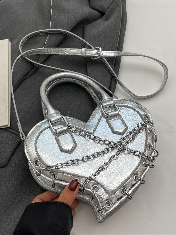 Women's Punk Style Heart Shaped Novelty Handbag, Fashionable Chain Strap Crossbody Bag for Daily Used, Casual Trendy Versatile High-quality Daily Commuting Bag