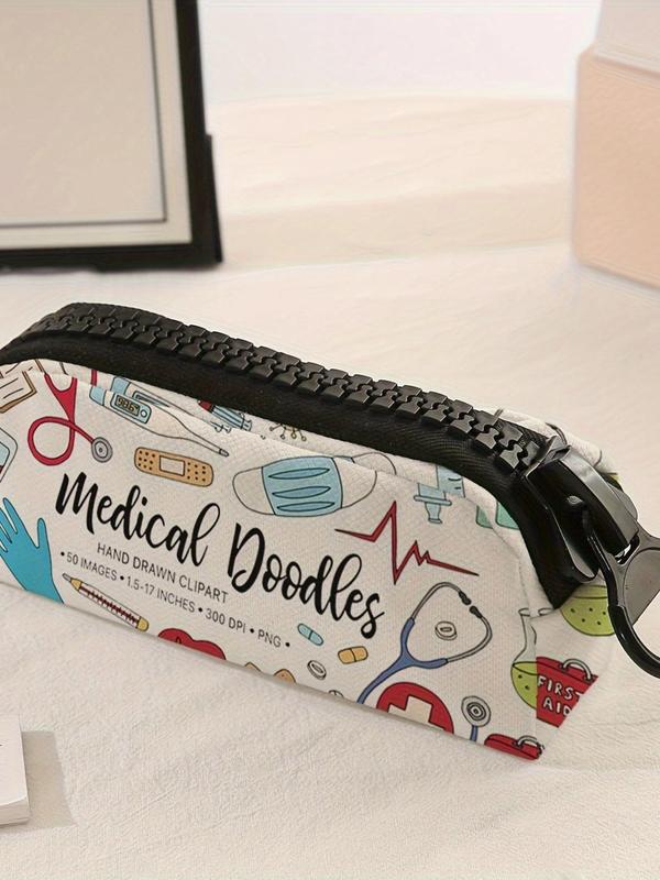 Random Doctor's Equipment Pattern Makeup Bag, Large Zipper Makeup Bag, Durable Polyester Storage Bag for School Supplies and Stationery