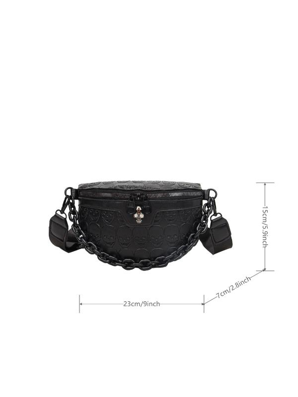 Women's Fashionable Casual Chain Decor Fanny Pack, Skull Embossed Chest Bag, Punk Gothic Bum Bag for Daily Used, All-match Sling Bag for Girlfriend