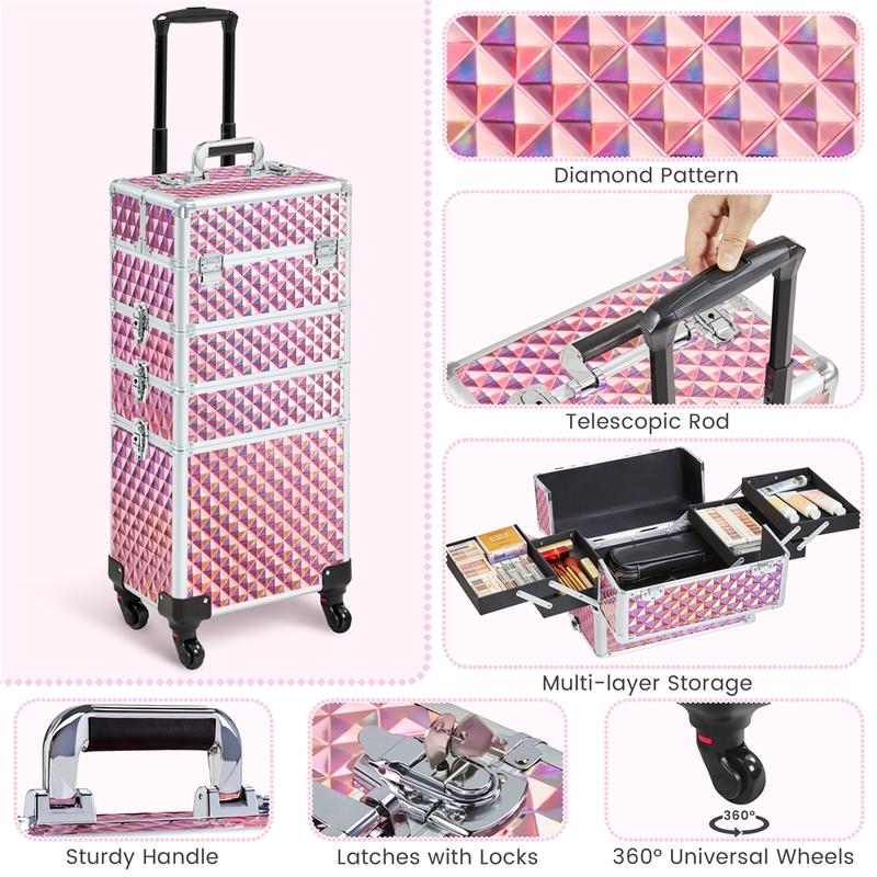 [Christmas Gift] Yaheetech 4-in-1 Professional Rolling Makeup Train Case Extra-large 4-Tiered Aluminum Cosmetic Trolley Storage on Wheels Cosmetic Organizer Traveling Cart