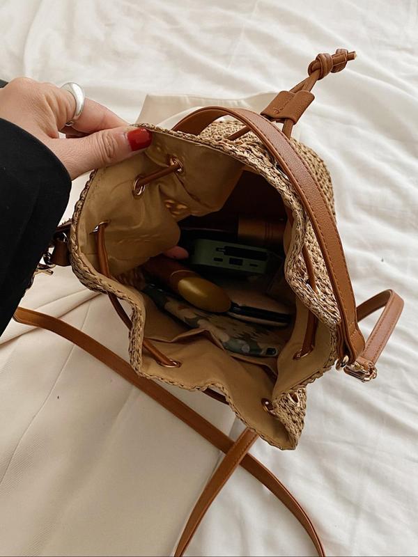 Women's Boho Solid Color Bucket Handbag with Drawstring Design, Summer Casual Trendy Handbag Purse with Braid Design Strap, Summer 2024 Fashionable Crossbody Bag for Daily Use