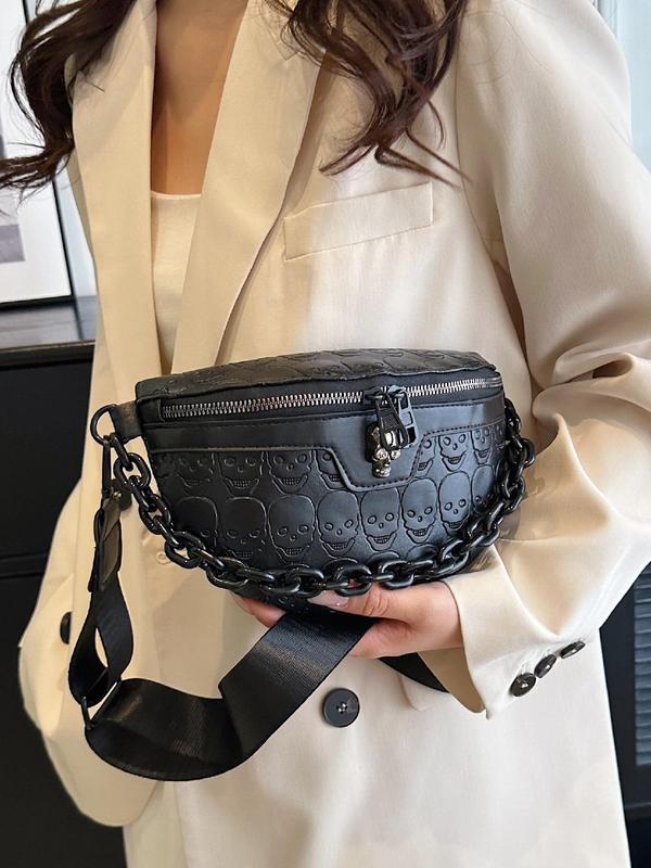 Women's Fashionable Casual Chain Decor Fanny Pack, Skull Embossed Chest Bag, Punk Gothic Bum Bag for Daily Used, All-match Sling Bag for Girlfriend