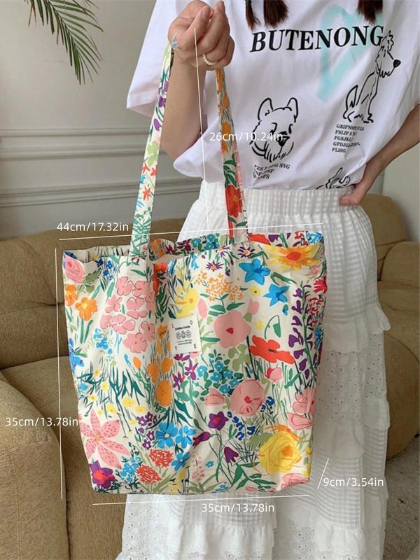 Women's Fashion Full Floral Pattern Print Handbag, Sweet Versatile Oxford Cloth Tote Bag for Girls, Lightweight Large Capacity Shoulder Bag for Daily Use