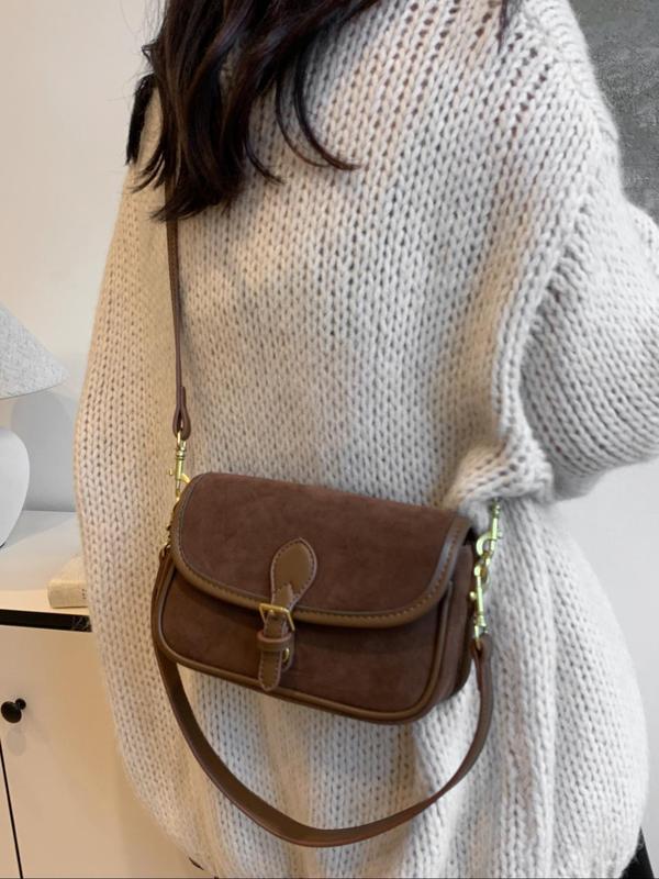 Women's Solid Color Suede Crossbody Bag, Fashionable Vintage Style Saddle Bag for Daily Used, Casual Trendy Versatile High-quality Daily Commuting Bag