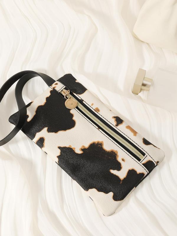 Women's Fashion Colorblock Cow Pattern Zipper Wristlet Bag, Casual Coin Purse, Phone Storage Bag