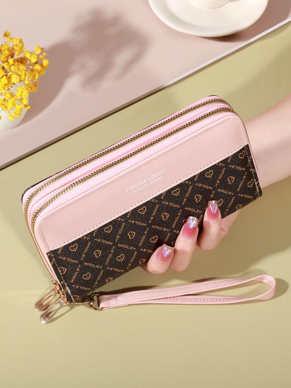 Women's Elegant Heart & Letter Pattern Long Wallet, Large Capacity Zipper Wristlet Purse, Fashionable Card Holder for Daily Use for Women & Girls