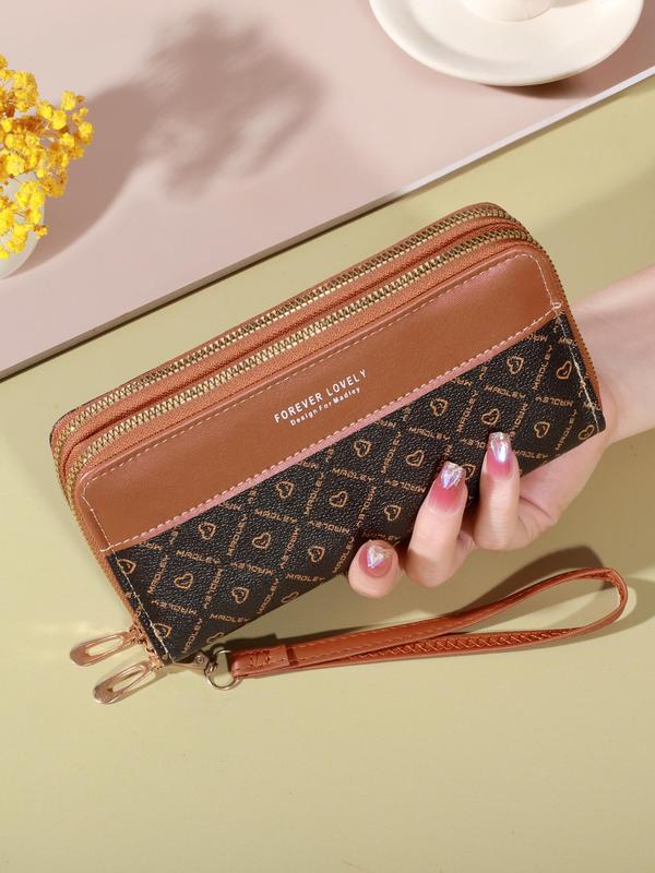 Women's Elegant Heart & Letter Pattern Long Wallet, Large Capacity Zipper Wristlet Purse, Fashionable Card Holder for Daily Use for Women & Girls