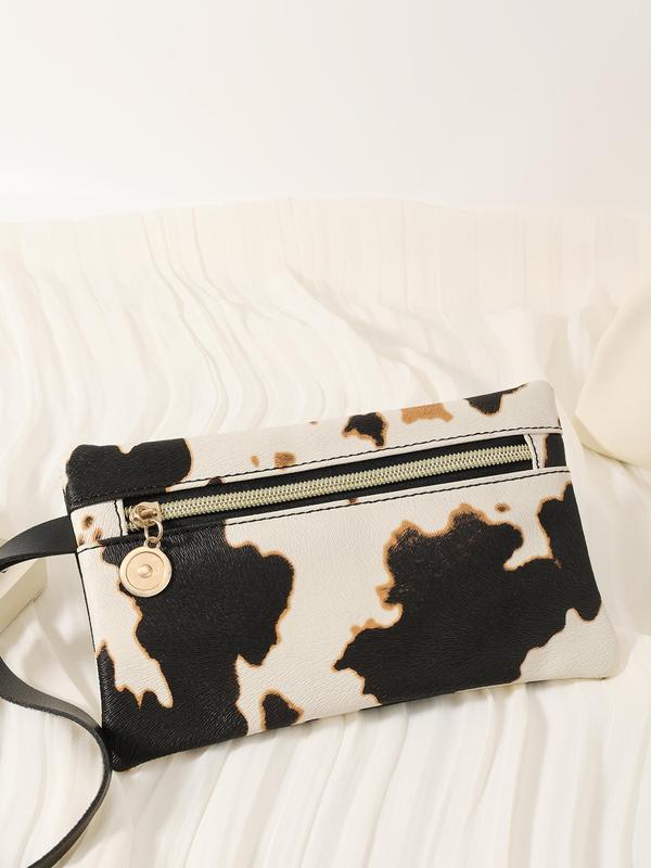 Women's Fashion Colorblock Cow Pattern Zipper Wristlet Bag, Casual Coin Purse, Phone Storage Bag