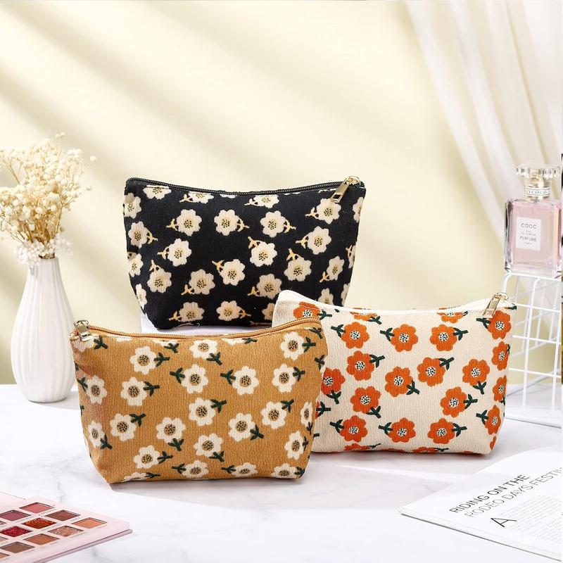 3 count floral makeup bag corduroy small makeup pouch canvas cosmetic bag mini toiletry zipper travel bags for women girls makeup organizer storage accessories (cute)