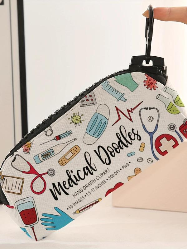 Random Doctor's Equipment Pattern Makeup Bag, Large Zipper Makeup Bag, Durable Polyester Storage Bag for School Supplies and Stationery