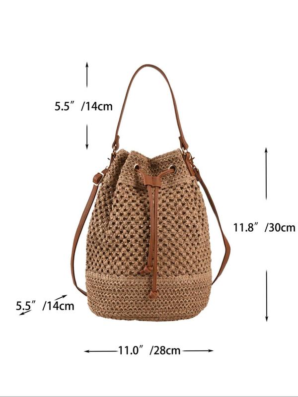 Women's Boho Solid Color Bucket Handbag with Drawstring Design, Summer Casual Trendy Handbag Purse with Braid Design Strap, Summer 2024 Fashionable Crossbody Bag for Daily Use