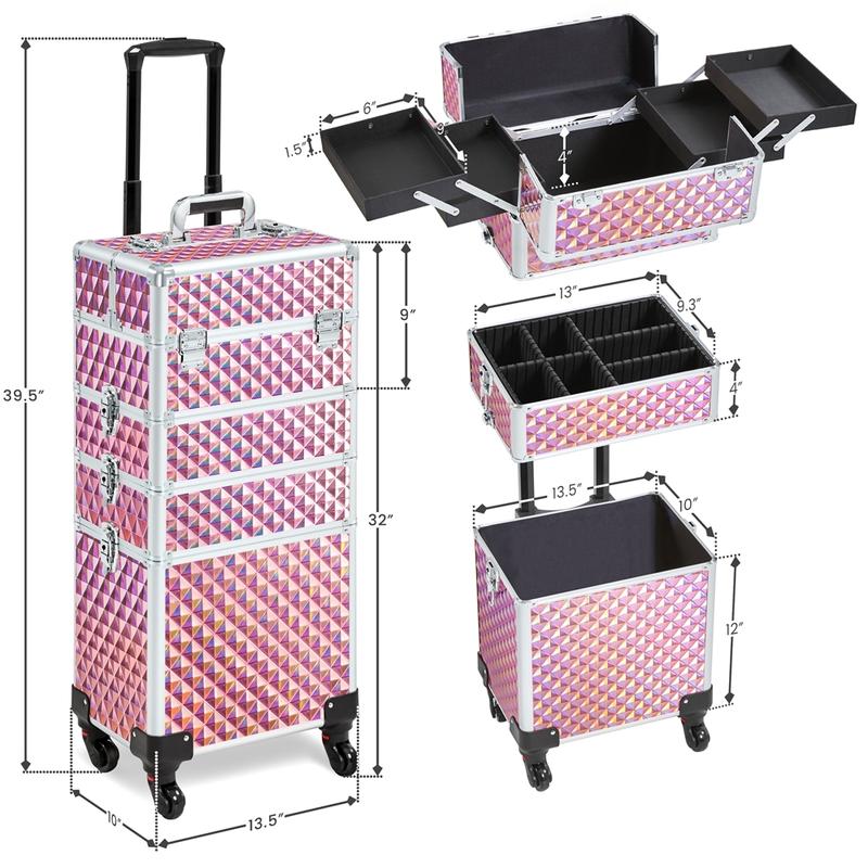 [Christmas Gift] Yaheetech 4-in-1 Professional Rolling Makeup Train Case Extra-large 4-Tiered Aluminum Cosmetic Trolley Storage on Wheels Cosmetic Organizer Traveling Cart