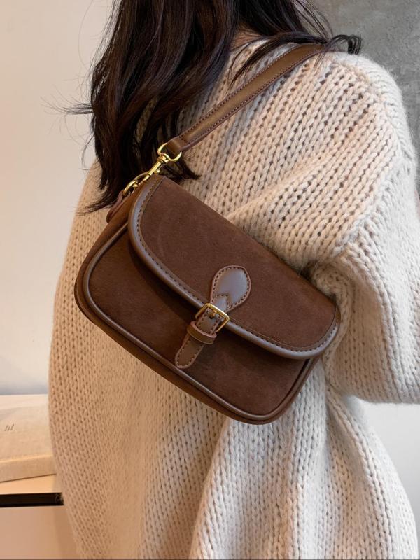 Women's Solid Color Suede Crossbody Bag, Fashionable Vintage Style Saddle Bag for Daily Used, Casual Trendy Versatile High-quality Daily Commuting Bag