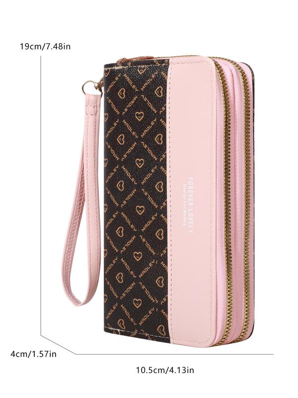 Women's Elegant Heart & Letter Pattern Long Wallet, Large Capacity Zipper Wristlet Purse, Fashionable Card Holder for Daily Use for Women & Girls