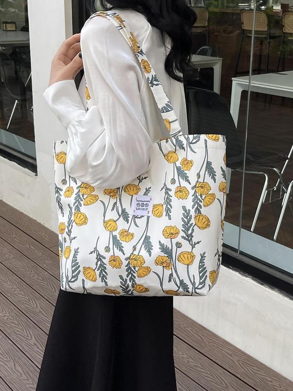 Women's Fashion Full Floral Pattern Print Handbag, Sweet Versatile Oxford Cloth Tote Bag for Girls, Lightweight Large Capacity Shoulder Bag for Daily Use