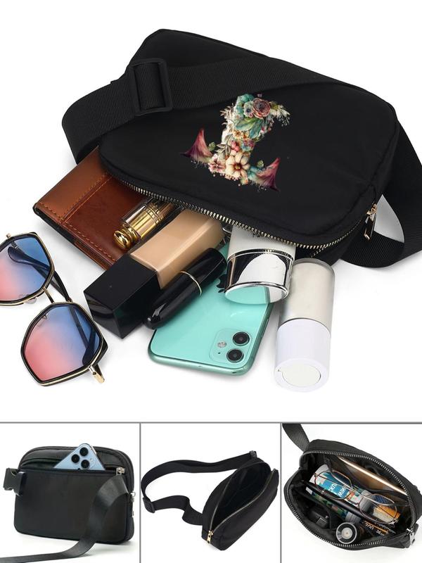 Fashion Letter & Floral Pattern Fanny Pack, Casual Versatile Zipper Chest Bag for Women & Men, Outdoor Sports Running Waist Bag