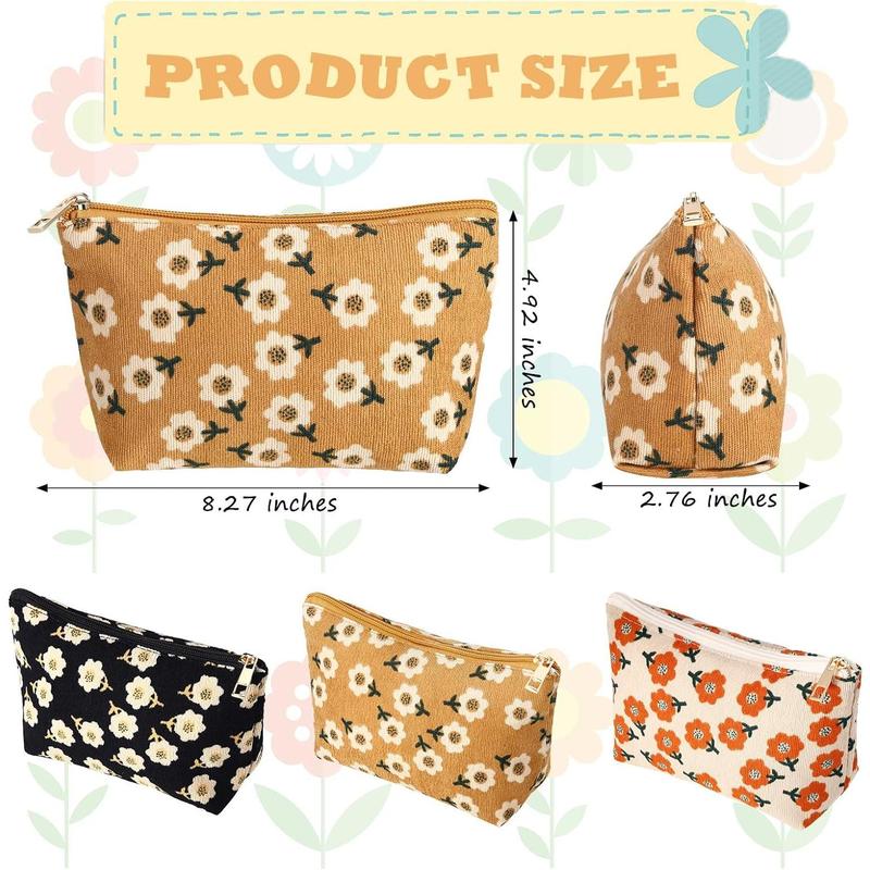 3 count floral makeup bag corduroy small makeup pouch canvas cosmetic bag mini toiletry zipper travel bags for women girls makeup organizer storage accessories (cute)