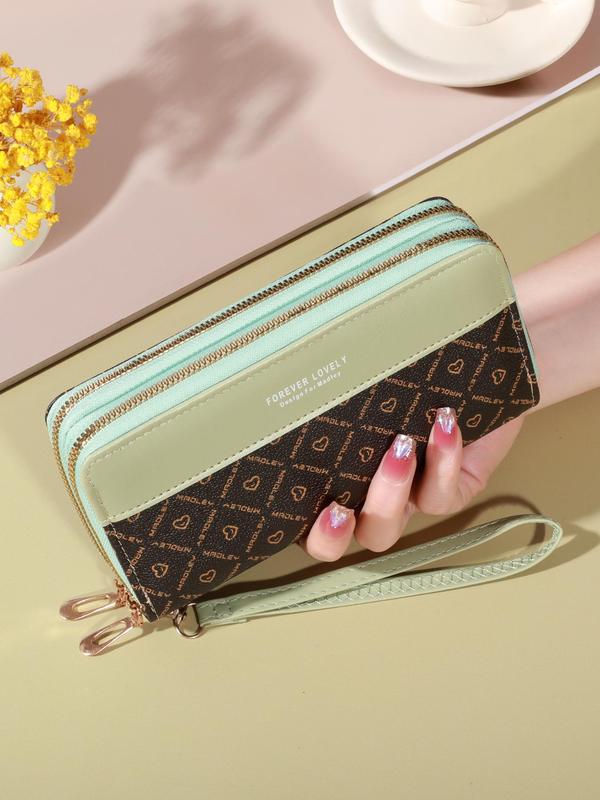 Women's Elegant Heart & Letter Pattern Long Wallet, Large Capacity Zipper Wristlet Purse, Fashionable Card Holder for Daily Use for Women & Girls