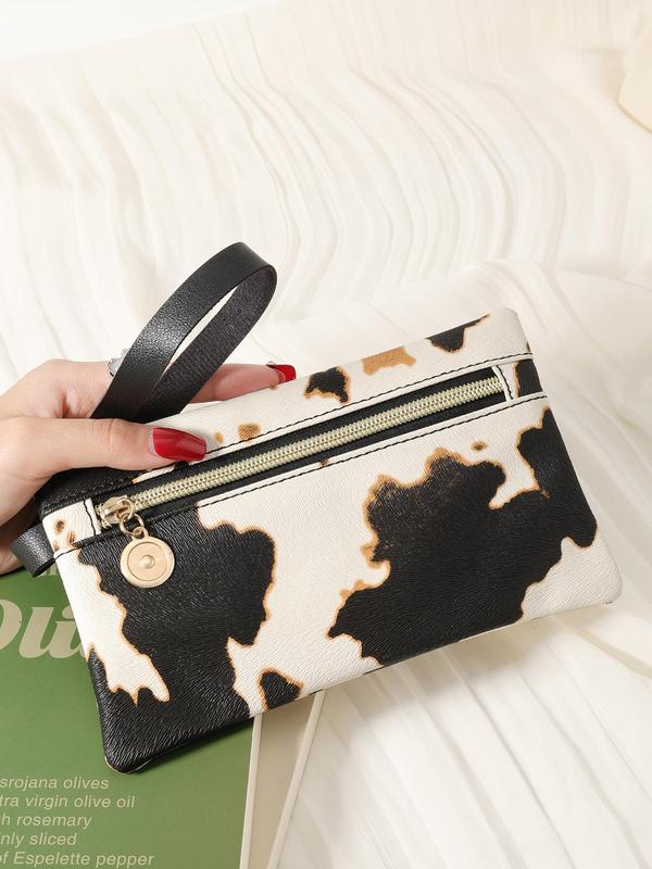 Women's Fashion Colorblock Cow Pattern Zipper Wristlet Bag, Casual Coin Purse, Phone Storage Bag